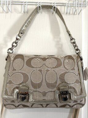 Coach Poppy Signature Pushlock Flap Messenger Bag Handbag Khaki Silver 18352 NEW
